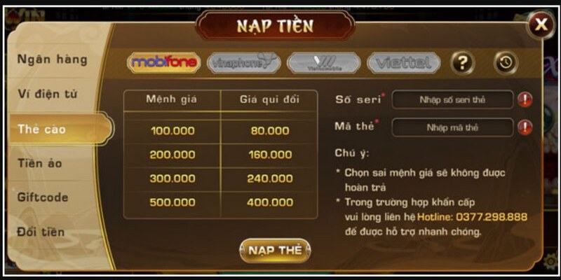 Giao diện nạp tiền I Win qua thẻ cào