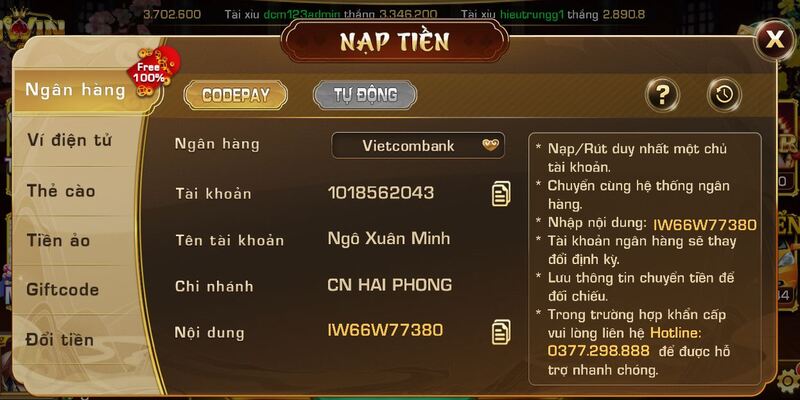Cách thức nạp ví chơi Iwin qua ngân hàng