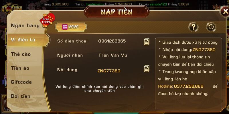 Hướng dẫn nạp tiền I win qua ví điện tử Momo